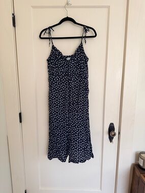 & Other Stories Ditsy Floral Button Down Spaghetti Tie Strap MIDI Dress - Navy